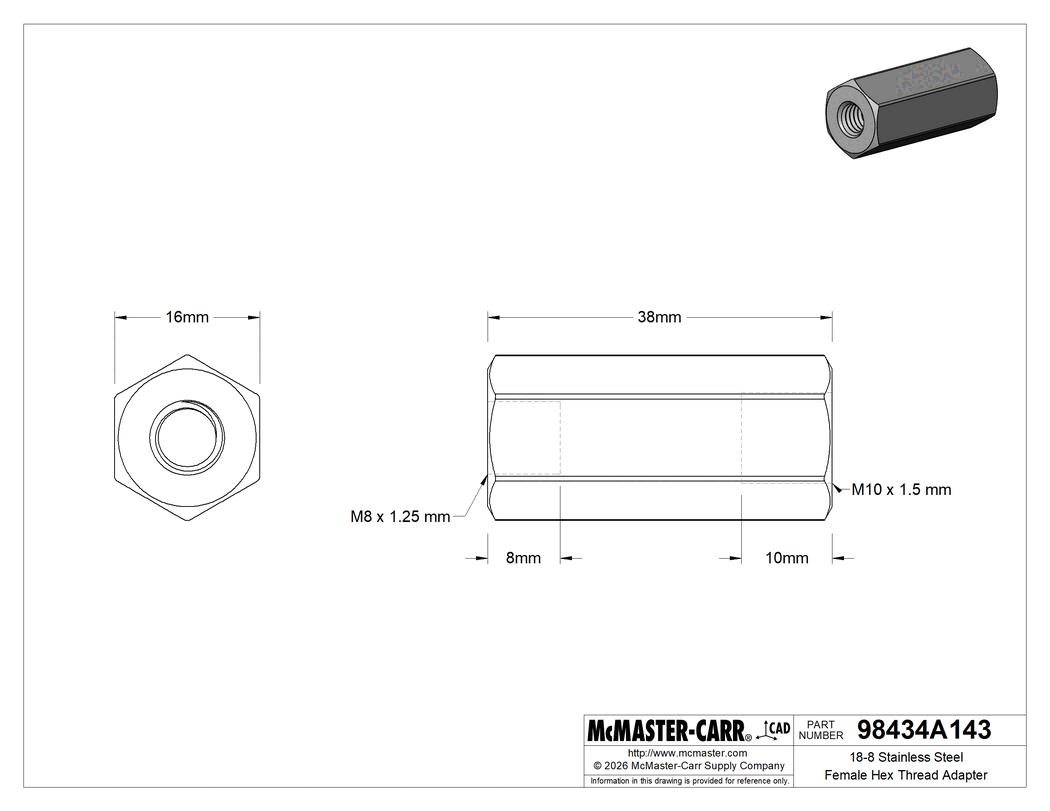 Technical Drawing of 18-8 Stainless Steel Female Hex Thread Adapter, M8 x 1.25 mm to M10 x 1.5 mm Thread Size.